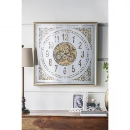 mirror analog exposed gear wall clock with wood pattern and ornamental design
