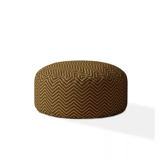 Brown cotton round chevron pouf ottoman with wood texture detail