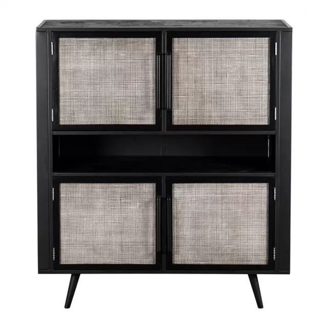 Black rattan double decker accent cabinet with grille and window design