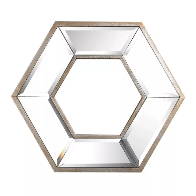 Silver hexagon wall mounted accent mirror featuring a symmetrical glass pattern for home decor