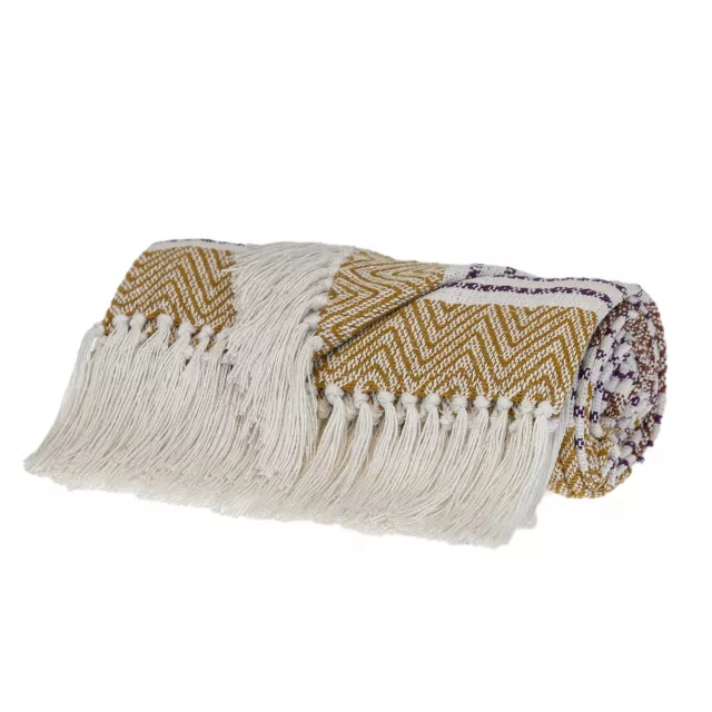 Transitional striped mustard rectangle throw with beige sleeve and natural wood-patterned material.
