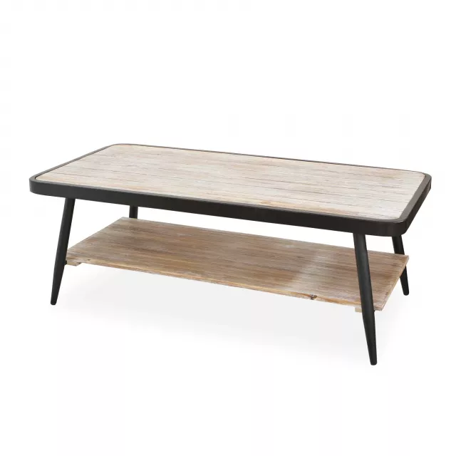 Industrial distressed whitewash gray coffee table with wood texture and outdoor bench elements