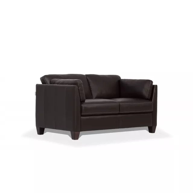 Chocolate brown leather loveseat with comfortable rectangle cushions and wood accents