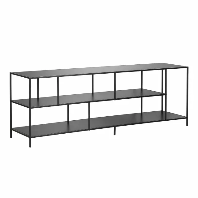 Black metal open shelving TV stand with rectangular shelves and parallel lines