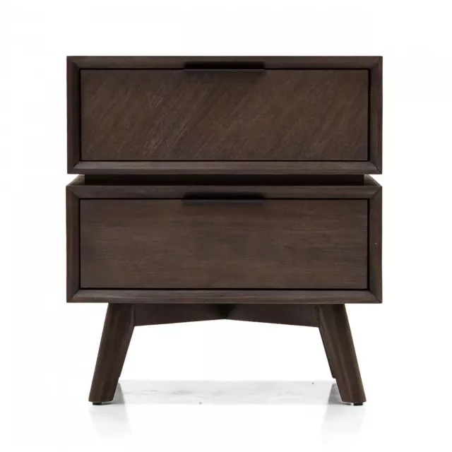 Acacia nightstand with drawers and black metal handles against hardwood background