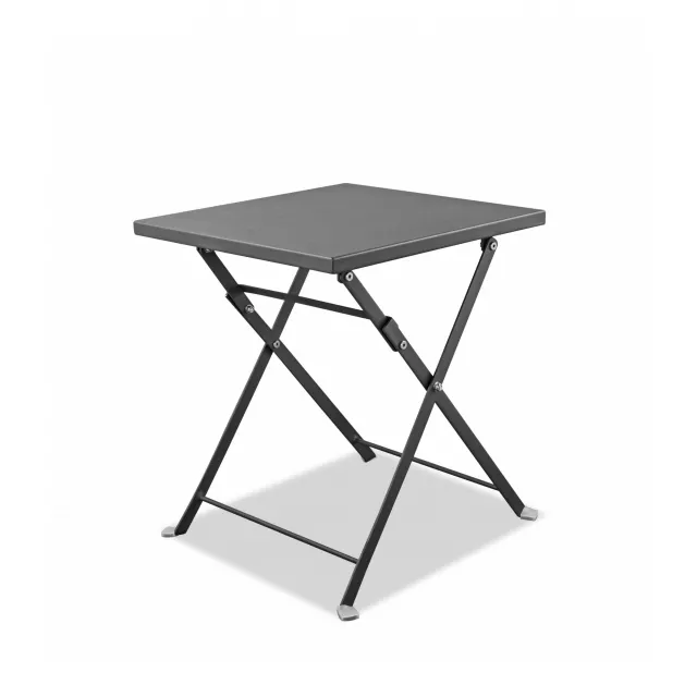 Gray stainless steel end table with symmetrical design and metal finish suitable for outdoor use.
