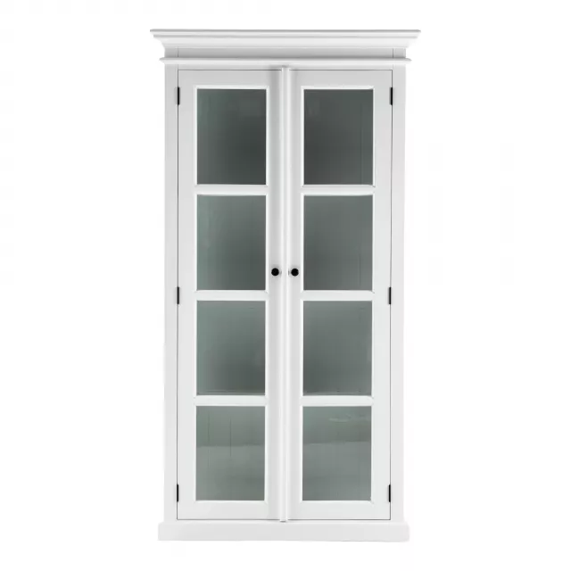 White glass double door storage cabinet with shelving hardwood cabinetry