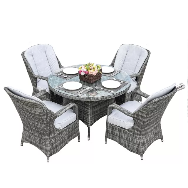 Five gray round glass dining table with matching chairs