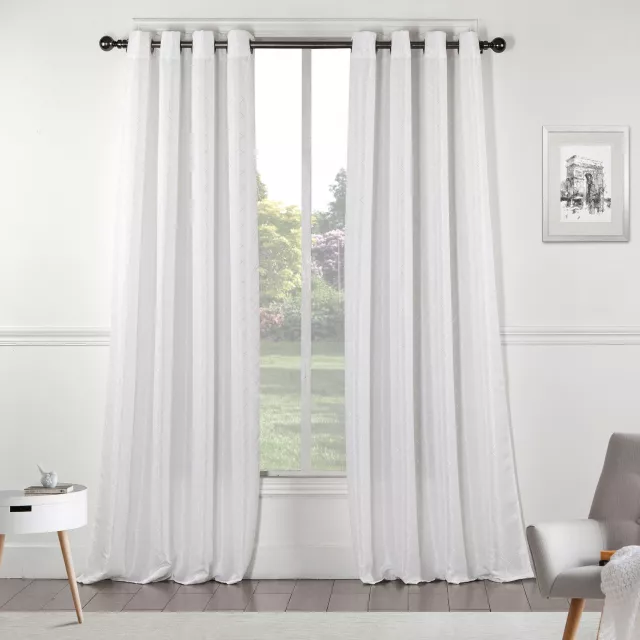 White linework textured window curtain panel displayed as home furniture with grey floor and wooden fixture