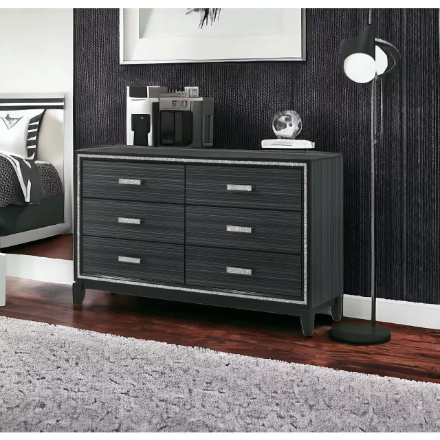Black manufactured wood six drawer dresser in minimalist style
