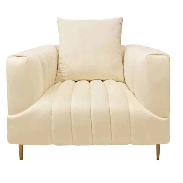 Ivory velvet gold solid lounge chair with beige wood accents in a comfortable studio couch design