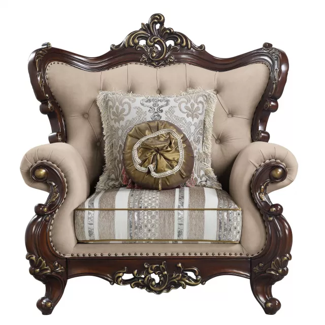 Brown linen cherry floral armchair with natural material and metal pattern details