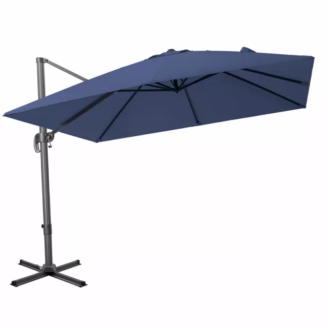 Square tilt cantilever patio umbrella stand with electric blue shade for outdoor recreation and events
