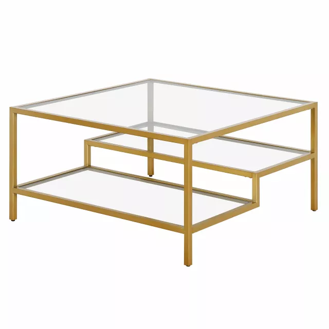 Glass steel square coffee table with shelves and symmetrical wood design