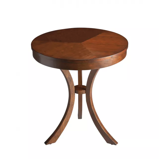 Brown manufactured wood round end table with varnish finish