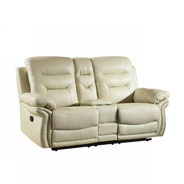 Leather manual reclining loveseat with storage and comfortable armrests in a studio setting