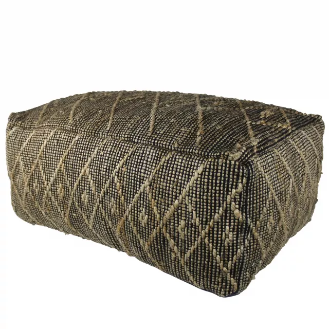 Black hemp textured rectangle pouf with beige pattern and natural material accents