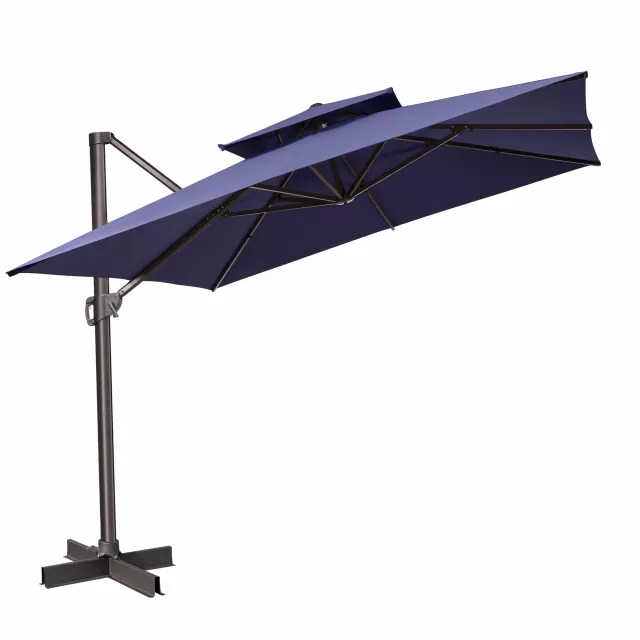 Square tilt cantilever patio umbrella stand providing shade and balance for outdoor recreation