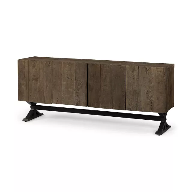 Mango wood finish sideboard cabinet with rectangle doors and metal accents