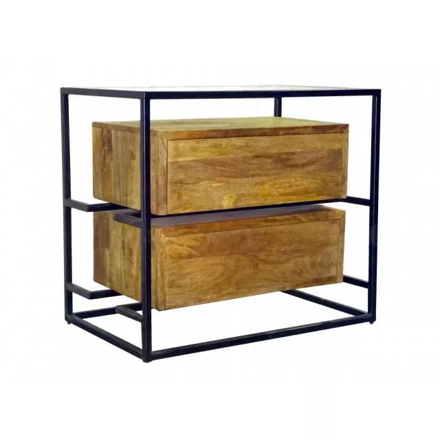 Natural wood nightstand with shelving in a rectangle shape