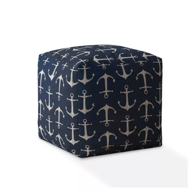 Blue gray twill anchor pouf ottoman in a furniture setting