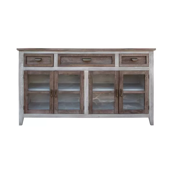 Brown solid manufactured wood distressed credenza with cabinetry drawers and shelves