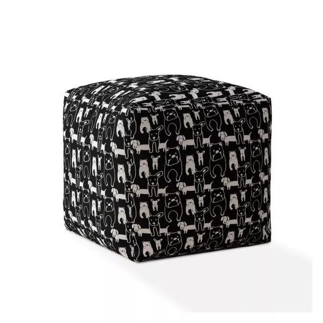 Black cotton animal print pouf ottoman with patterned detail