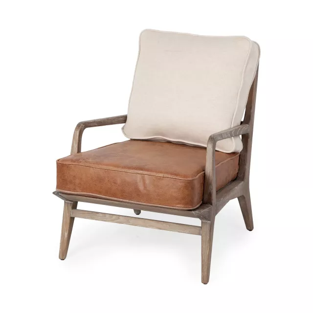 Off white fabric seat accent chair with wood armrests and comfortable rectangle design