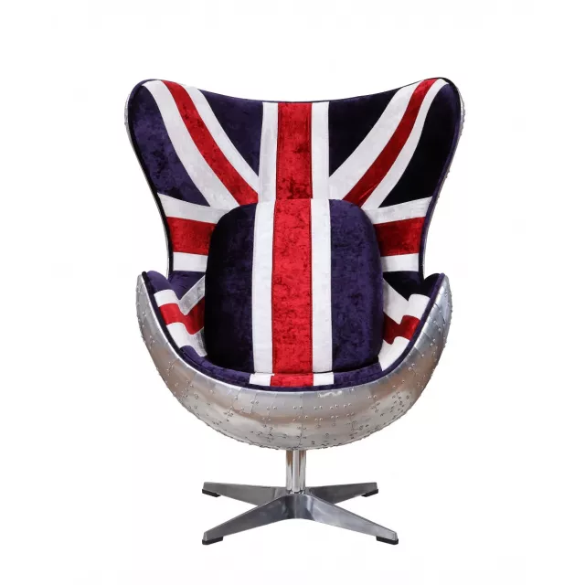 Great Britain flag swivel lounge chair with electric blue pattern and carmine accents