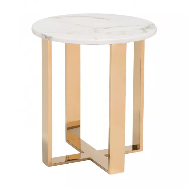 Gold white stone round end table with wood stain finish and natural material design