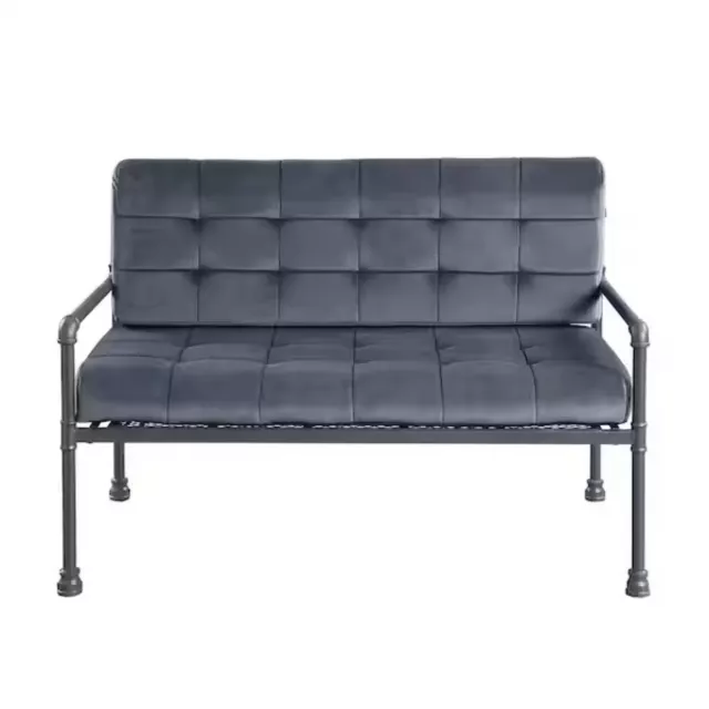 Gray tufted velvet love seat with wooden armrests and comfortable rectangle studio couch design