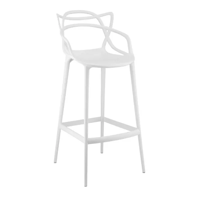 White bar chair in outdoor furniture style with metal and natural material patterns