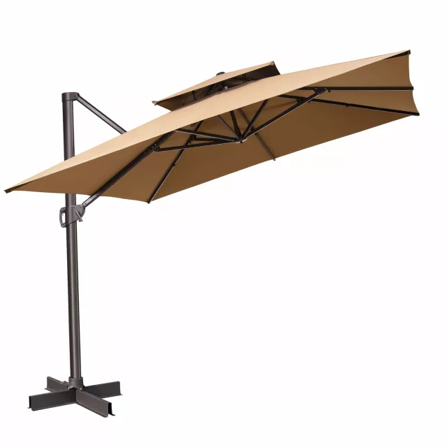 Square tilt cantilever patio umbrella stand with wooden rectangle base for outdoor shade and recreation balance
