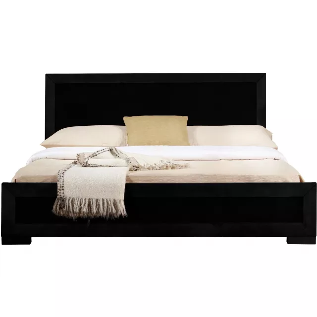 Black wood twin platform bed in a minimalist bedroom design