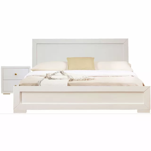 White wood platform full bed with matching nightstand for modern bedroom decor