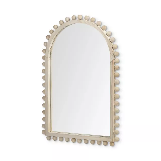 Arch natural wood frame wall mirror for home decor with a rectangular shape and circular bicycle part design