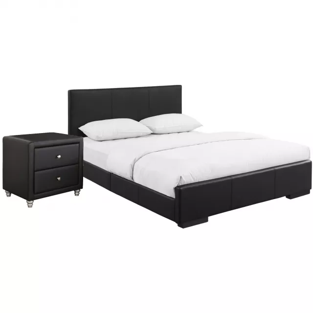 Black upholstered king platform bed with nightstand for modern bedroom decor
