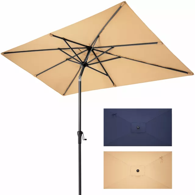 Polyester rectangular tilt market patio umbrella with wooden symmetry and shaded area