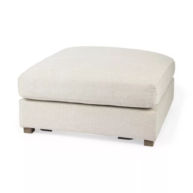 Beige polyester brown cocktail ottoman with wood accents and comfortable linen fashion accessory styling