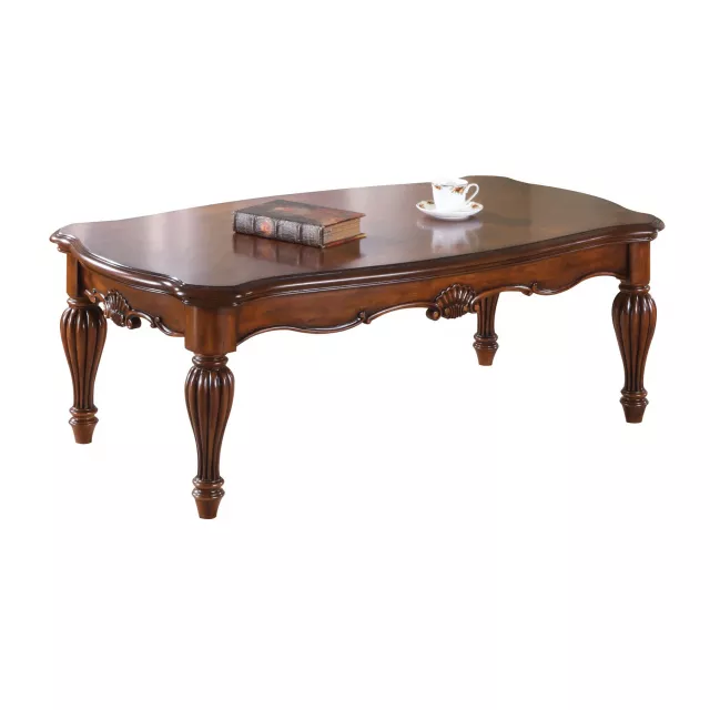 Brown rectangular coffee table with wood stain finish on flooring