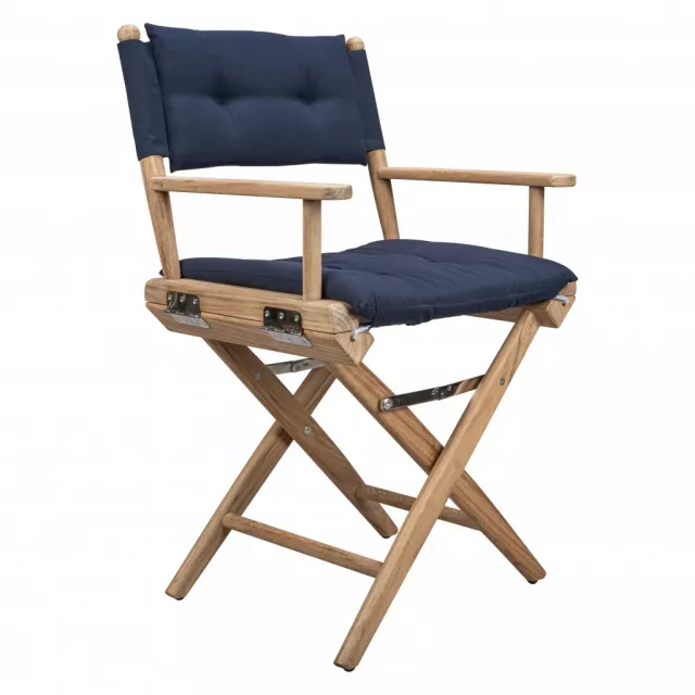 wood director chair with navy blue cushion