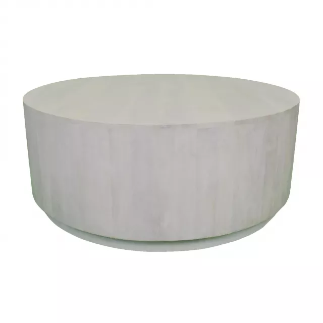 Solid wood round distressed coffee table with beige natural material
