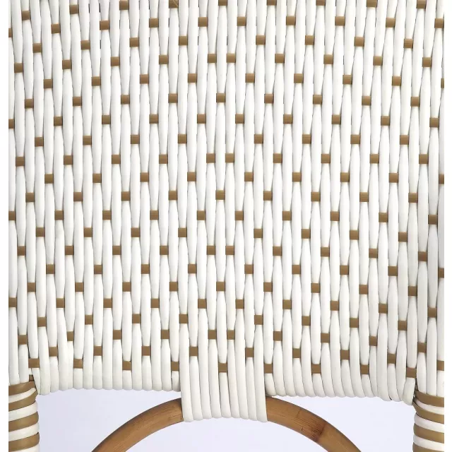 White natural rattan bar chair with beige wood pattern and symmetrical lines