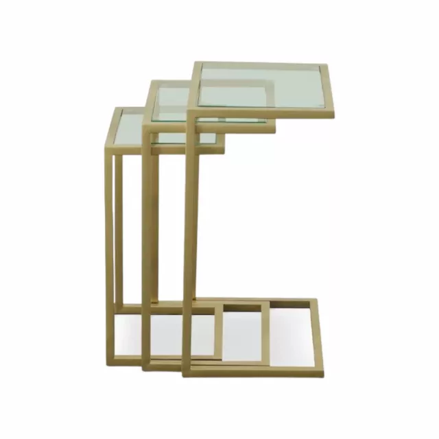 Gold glass rectangular end table with wood accents and artistic design for home decor