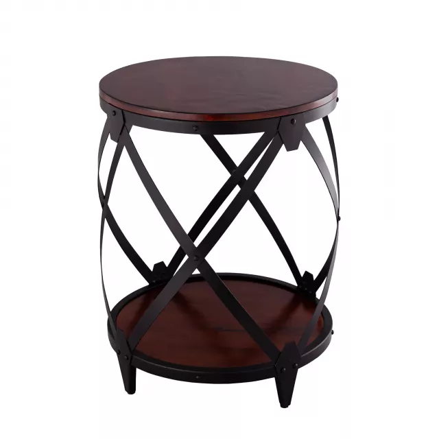 Solid wood round end table in chestnut finish with metal accents