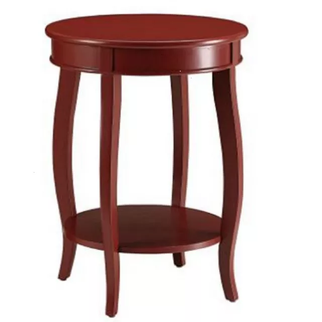 Pop red finish side table with creative arts design in wood stain