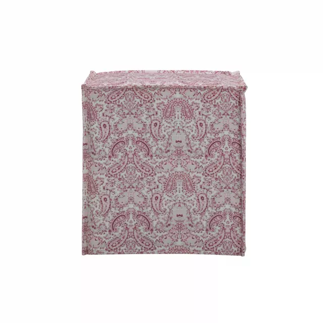 Red linen floral ottoman with magenta pattern and wood texture fashion accessory