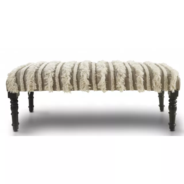 Boho stripe black leg upholstered bench with textile seat on wooden base