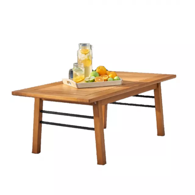Wood metal base rectangular coffee table with chairs and serveware on top