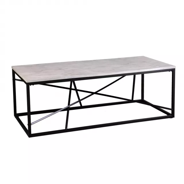 Marble metal geo rectangular coffee table in outdoor setting with tableware
